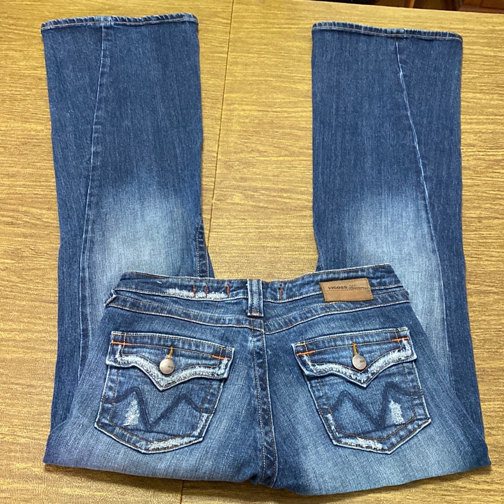 Vigoss 7/8 Wide Leg Flare Boot Cut Factory Distressed Blue Denim Jeans